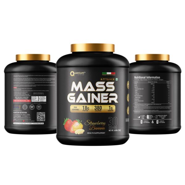 Quantum Nutrition Mass gainer in banana strawberry flavour.