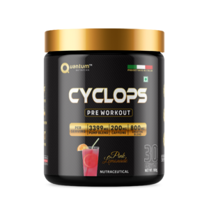 Quantum Nutrition's Cyclops pre workout in pink lemonade flavour.