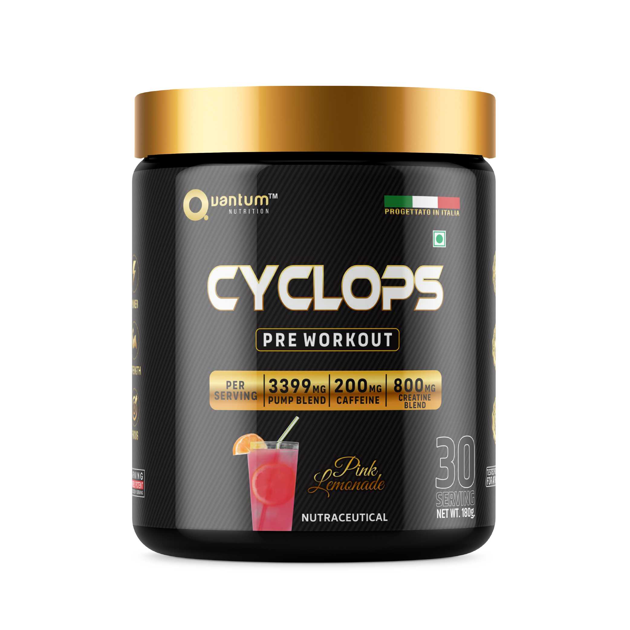 Quantum Nutrition's Cyclops pre workout in pink lemonade flavour.