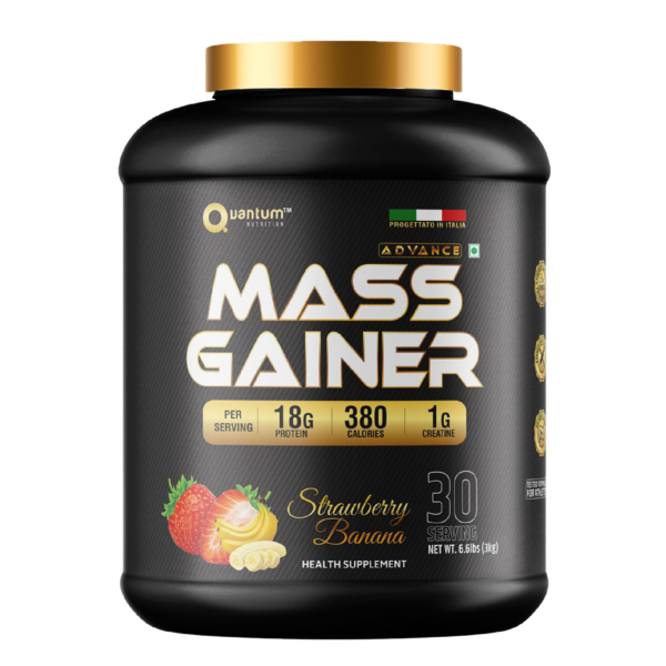 Quantum Nutrition Mass gainer in banana strawberry flavour.